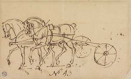 詹姆斯·西摩的《两匹马戴着马具小跑》
