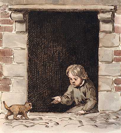 “一个男孩坐在地下室的门上引诱一只小狗”