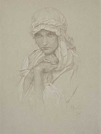 阿尔方斯·穆夏的《艺术家女儿斯拉夫服饰肖像》