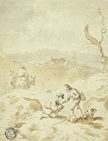 赫尔曼·萨夫特莱文三世的《带着骡子、背包和狗在山上旅行的男人》