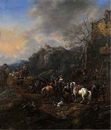 “一队骑兵和其他人影在一家旅店外，在托马斯·威克（Thomas Wijck）身后的山堡