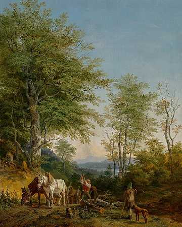 海因里希·比克尔（Heinrich Bürkel）的《一幅意大利人树木繁茂的风景画，有一位樵夫和他的马队，还有一位路人和他的狗》