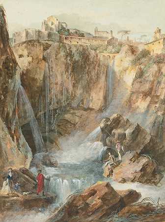 路易斯·贝朗格的《与渔民和游客一起观看Tivoli瀑布》