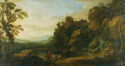 理查德·卡弗的《湖边有三个渔夫的岩石风景，远处露头的一座废墟城堡》
