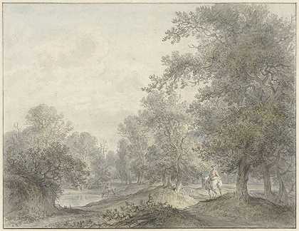 Jacobus Versteegen的《骑手和池塘的森林风景》