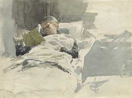 《艺术家的妻子在床上读书》作者：利奥波德·冯·卡尔克勒