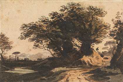 约翰·瓦利（John Varley）的《一条路和一条小溪旁有一丛树木的风景》