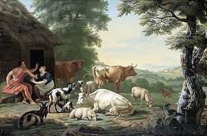 《牧羊人和牛的阿卡迪亚风景》，作者：Jan van Gool