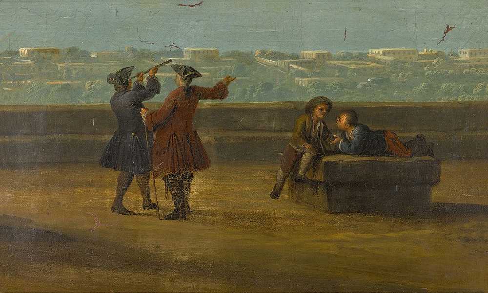 “那不勒斯，“Il Miglio d‘oro”的景色，Pietro Fabris用望远镜在露台上描绘人物