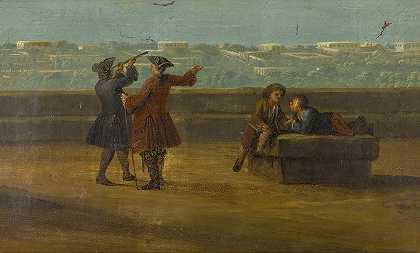 “那不勒斯，“Il Miglio d‘oro”的景色，Pietro Fabris用望远镜在露台上描绘人物
