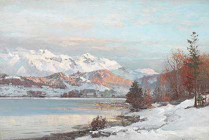 安德斯·安德森·伦德比（Anders Andersen Lundby）在阿尔卑斯山的背景视图中，山湖上空晨光下的冬季风景