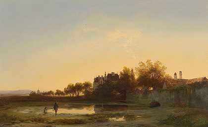 伊格纳兹·拉法尔特的《城堡池塘边傍晚的垂钓者》