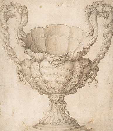 朱利奥·罗曼诺（Giulio Romano）的《大嘴周围有花头的装饰酒杯设计》
