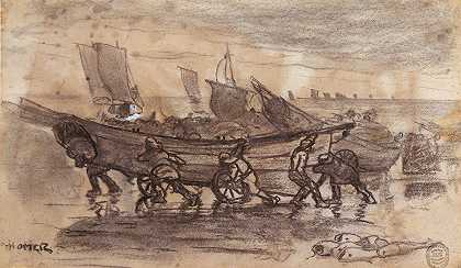 温斯洛·霍默的《渔民在多利海滩上游荡》，英国Cullercoats