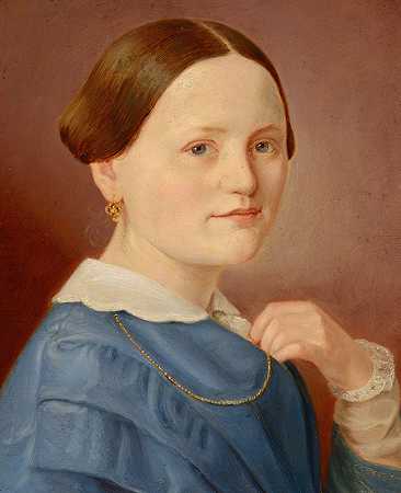 赫尔曼·爱德华·哈特曼（Hermann Eduard Hartmann）的一幅女士肖像画，她戴着一条项链，穿着一件浅色连衣裙