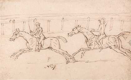 詹姆斯·西摩（James Seymour）的《两匹马在赛马，骑师在栏杆上奔跑》（Two Horses Racing，Jockeys Up Rails in the Background）