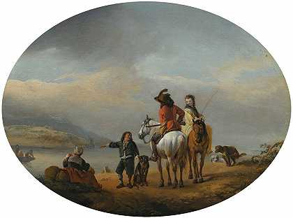 菲利普·沃沃曼的《一位女士和一位绅士骑在马背上，被一位年轻的佩奇带到一艘驶近的渡轮》