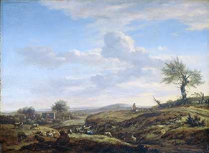 阿德里安·范·德·维尔德的《山丘风景与高路》