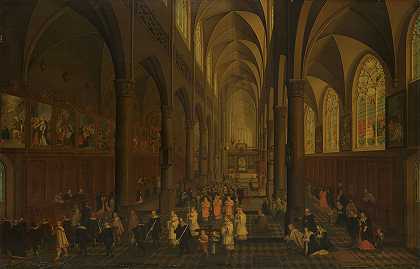“安特卫普多明尼加教堂（圣保罗教堂）的内部，向东看，由长老彼得·内夫斯（Pieter Neeffs）主持的圣礼游行