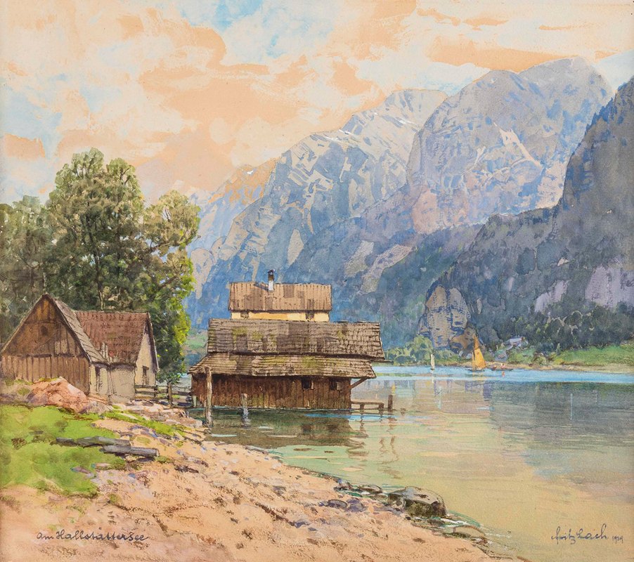 弗里茨·拉赫（Fritz Lach）的《哈尔斯塔特湖的船屋》