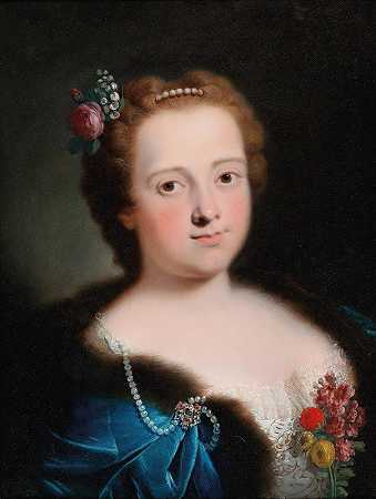 巴托洛梅奥·纳扎里（Bartolomeo Nazari）的《一位女士的肖像，胸围及长，身穿白色刺绣连衣裙和蓝色毛皮衬里斗篷》