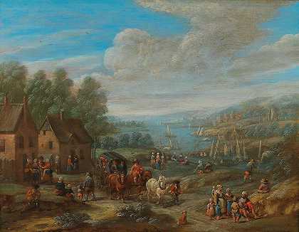 卡雷尔·布雷德尔（Karel Breydel）的《一个村庄和旅行者的河流风景》