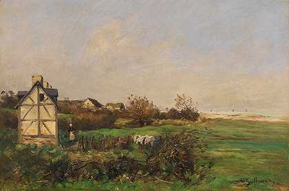 让-巴蒂斯特·安托万·吉列梅特的《半木结构房屋和农妇的风景》