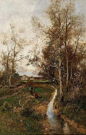 阿道夫·考夫曼的《春天的风景与小溪》