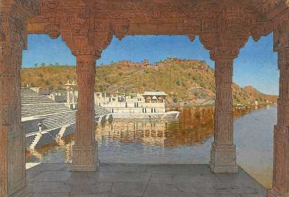 “Rajnagar。瓦西里·韦雷什查金在乌代布尔的一个湖上用低音浮雕装饰的大理石路堤
