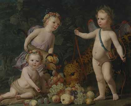 杰拉德·范·洪索斯特的《三个孩子带着水果和一只美洲豹》