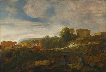 Moyses van Uyttenbroek的《牧羊人与牛一起休息的阿卡迪亚风景》