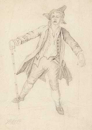 亨利·威廉·邦伯里的《一个衣衫褴褛的人拿着藤条痛苦地走路》
