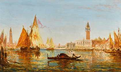 “威尼斯，贡多拉和帆船在狗宫和圣乔治马焦雷前由费利克斯·齐姆