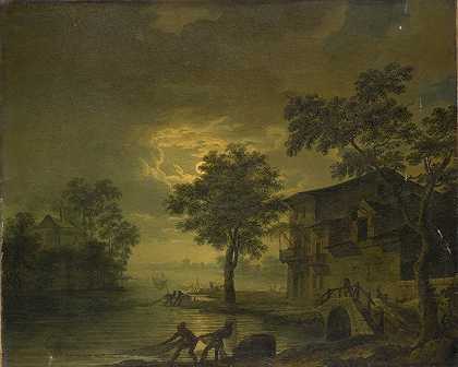 让-弗朗索瓦·胡埃（Jean-François Huë）的《月边渔民的河流风景》