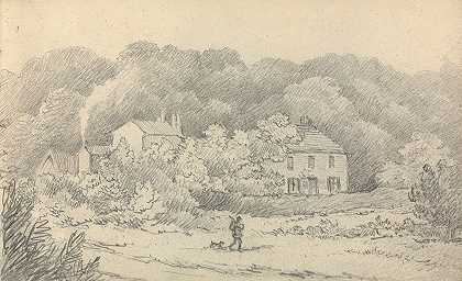 托马斯·布拉德肖的《有房子、猎人和他的狗的乡村场景》