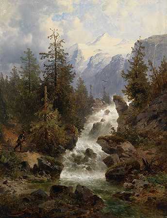 约瑟夫·托马的《Jäger am Wasserfall》
