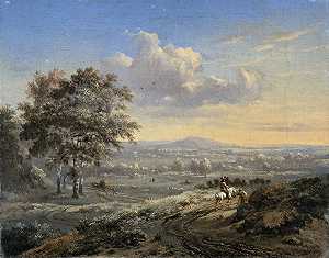 Jan Wijnants的《乡间小路上的山丘风景与骑手》