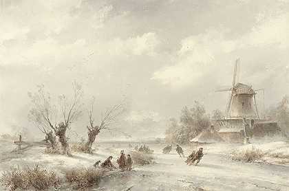 Lodewijk Johannes Kleijn的《冬季风景与滑冰者在磨坊》