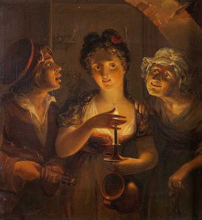 《手持蜡烛的女孩站在小提琴手和老妇人之间》