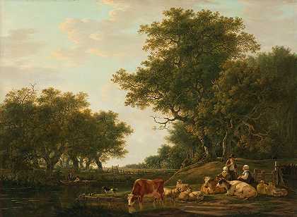 雅各布·范·斯特里吉的《带着牛和垂钓者的农民在水上的风景》
