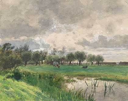 Julius Jacobus van de Sande Bakhuyzen的《奶牛在草地上吃草》
