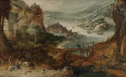 年轻人Joos de Momper的《猎杀野猪的河流风景》