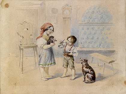 约翰·马蒂亚斯·兰夫特尔的《带瓷砖炉子和孩子的鲍恩斯图贝》