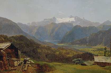 弗里德里希·卢斯（Friedrich Loos）从Hütteneckalm到哈尔斯塔特湖（Lake Hallstatt）和达克斯坦（Dachstein）的景色