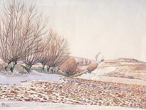 “雪城里柳树和犁的风景Fritz Syberg