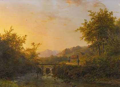 约翰·伯恩哈德·科伦贝克的《黄昏时农民在河边散步的风景》