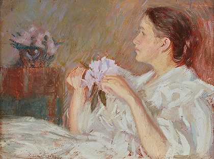 菲利普·莱斯利·黑尔的《手持丁香花的白衣女士》