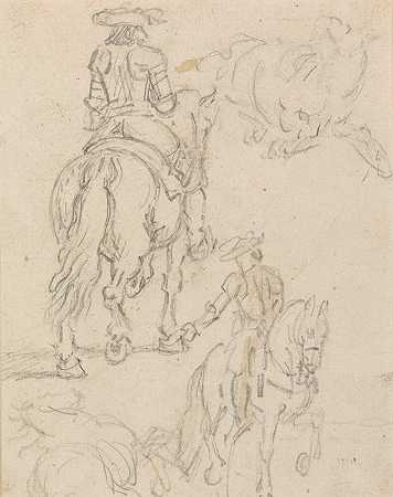 詹姆斯·西摩的《一个披着盔甲的骑手和两匹马躺下》