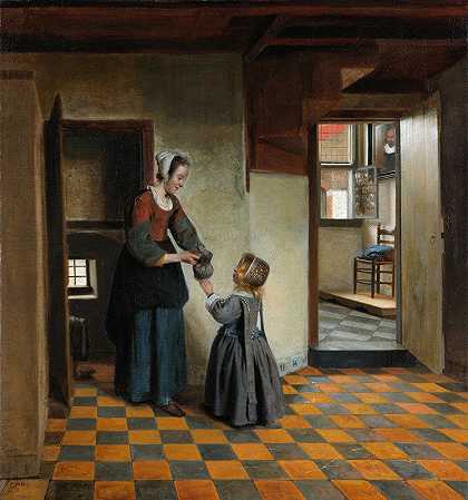 彼得·德·胡奇的《带着孩子的女人在储藏室》