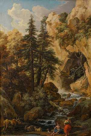 Johann Samuel Hötzendorf的“岩石洞穴、激流和阶梯的森林风景”
